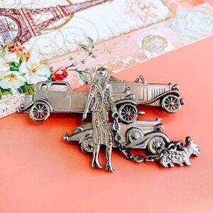 Vintage Flapper Girl Roaring 20's Rolls Royce Silver Tone Brooch Pin